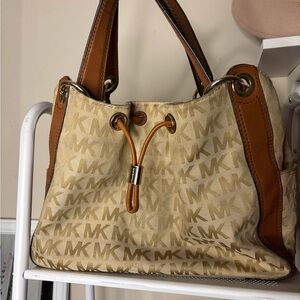 Michael Kors Beige Monogram Drawstring Shoulder Bag with Tan Trim